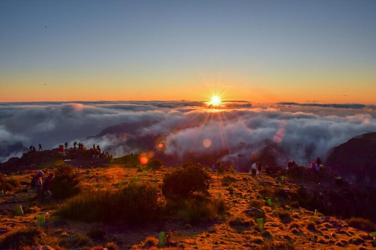 en gruppe mennesker som står på toppen av et fjell ved solnedgang