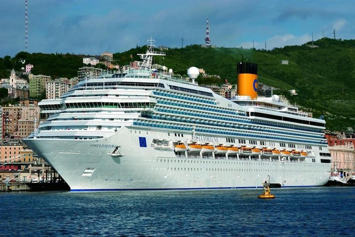 a cruise ship is docked in a harbor