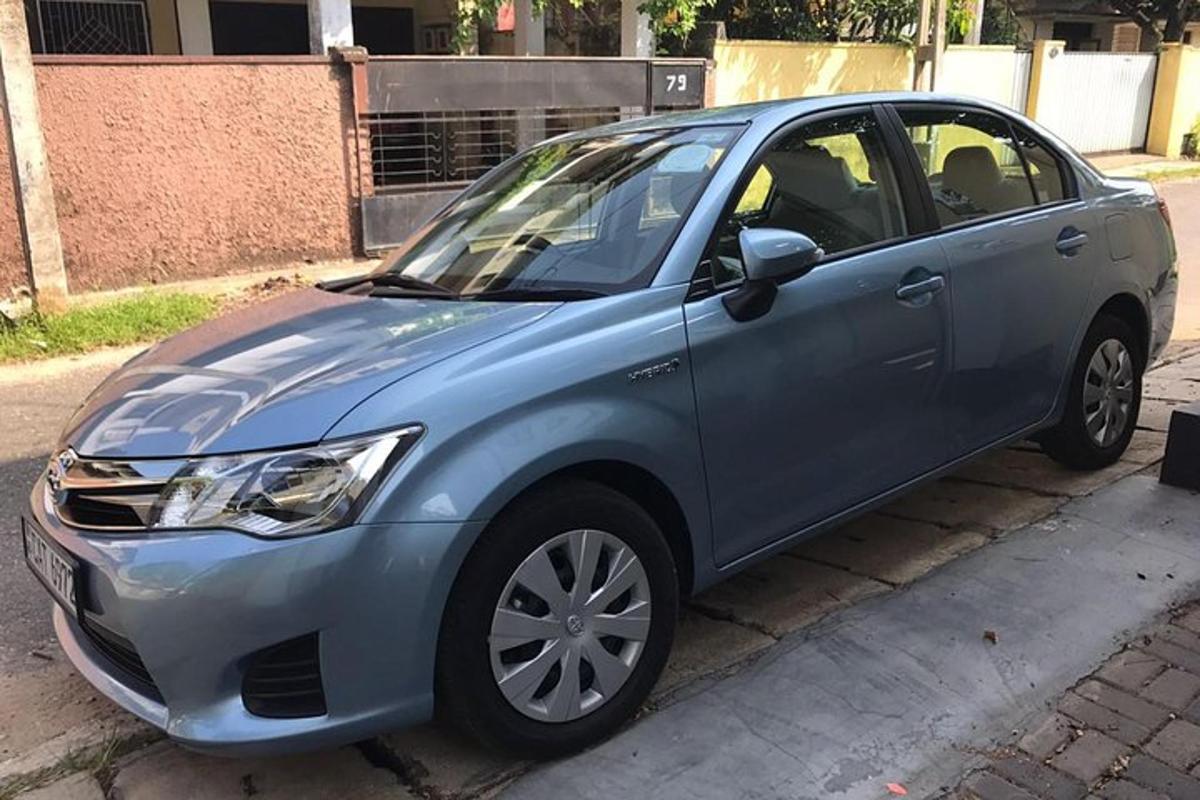 a blue car parked on the side of a street