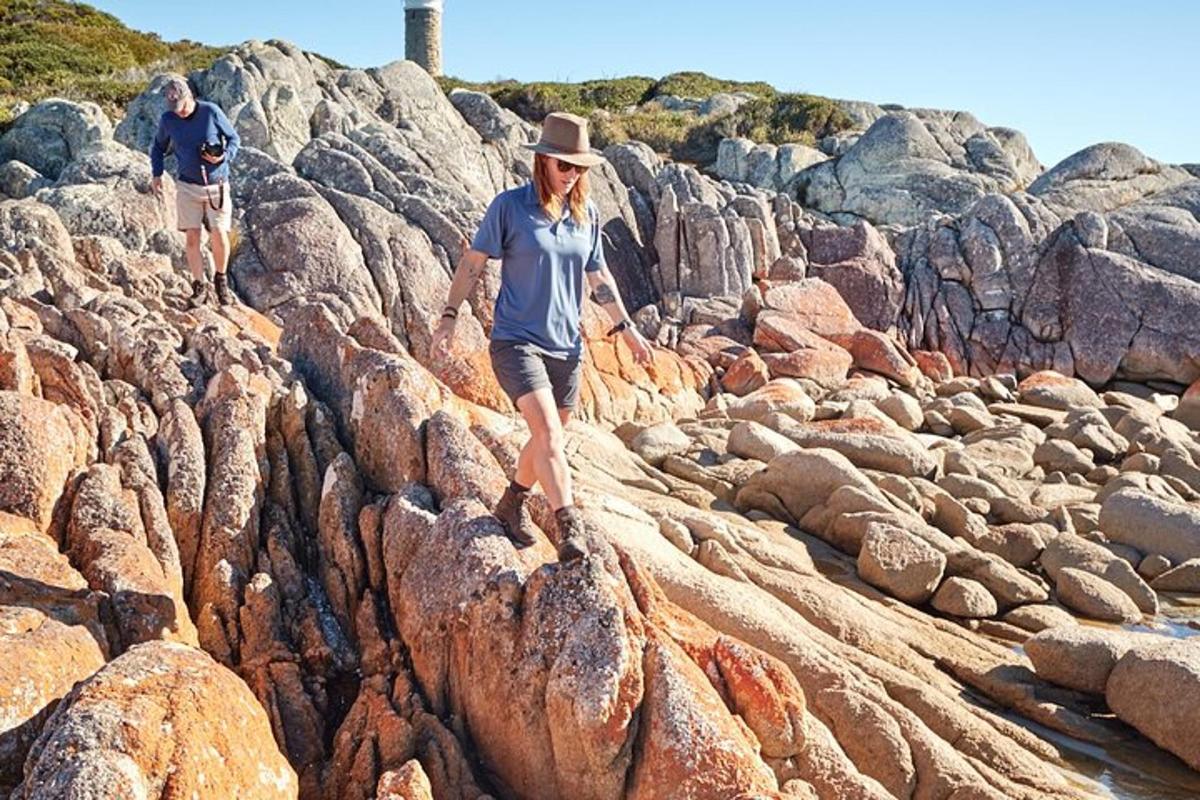 two people walking on rocks on a beach