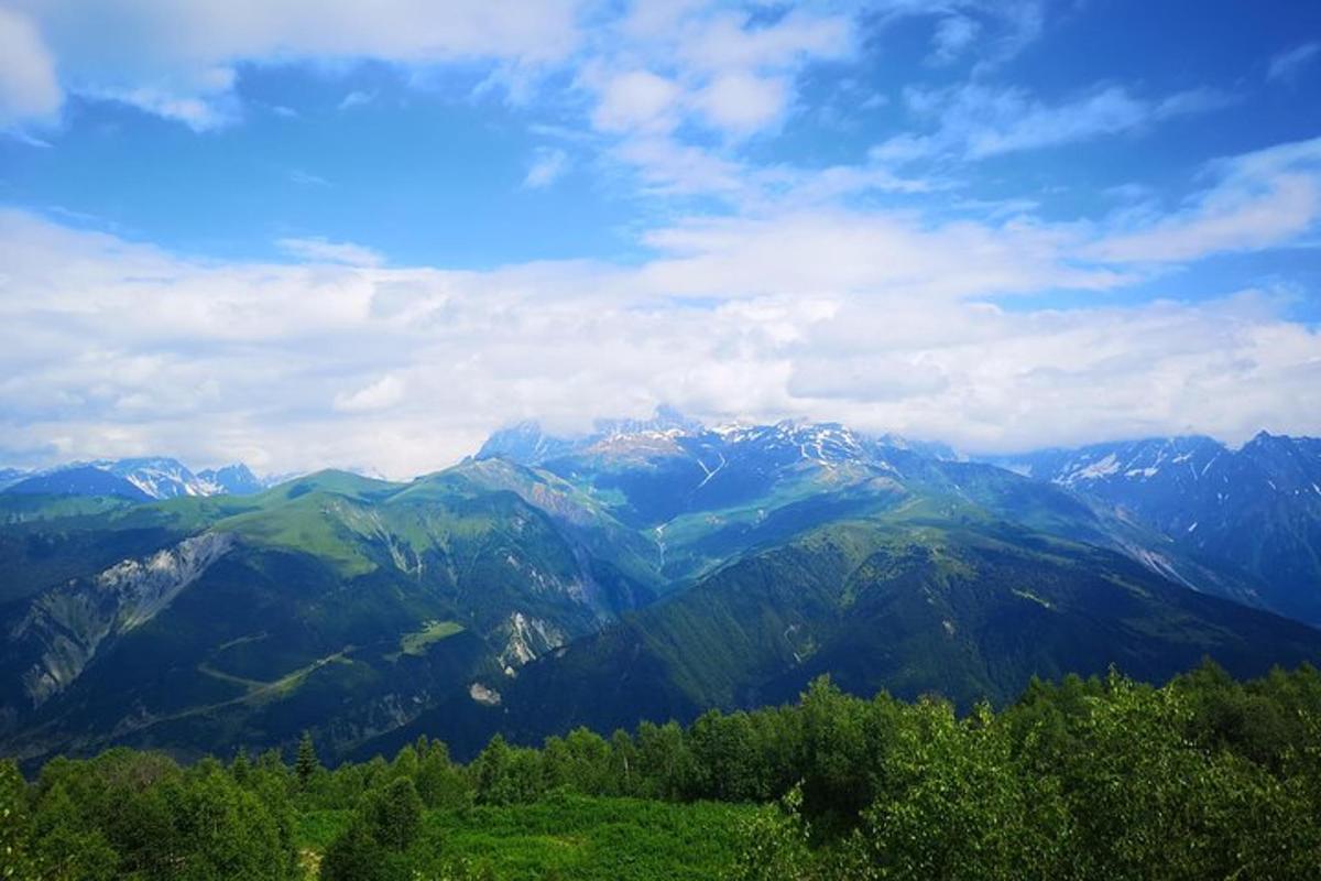una vista di una catena montuosa con foreste e montagne