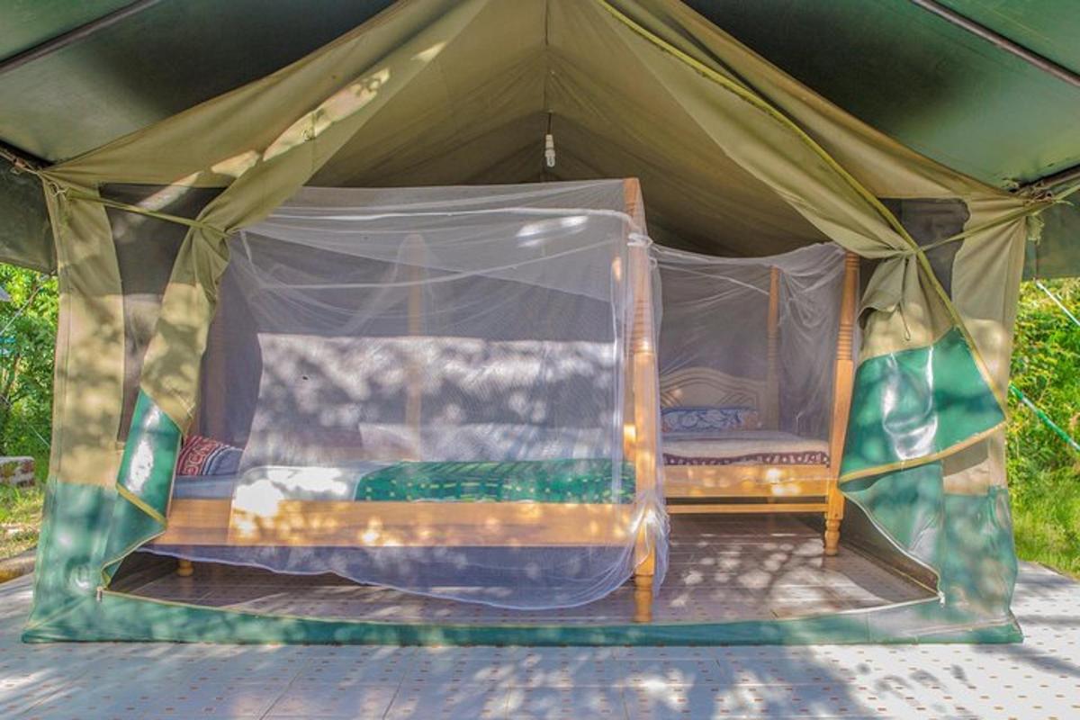 una tienda de campaña con una cama dentro