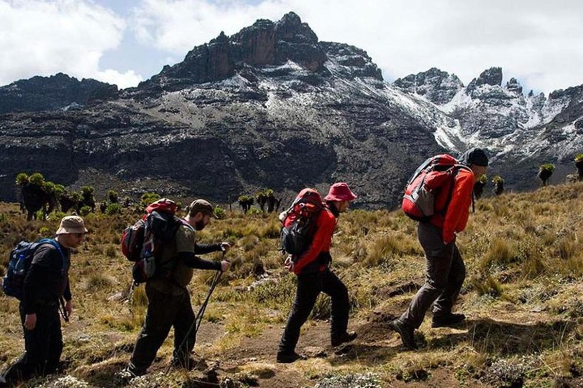 hópur fólks með bakpoka á fjallgöngu