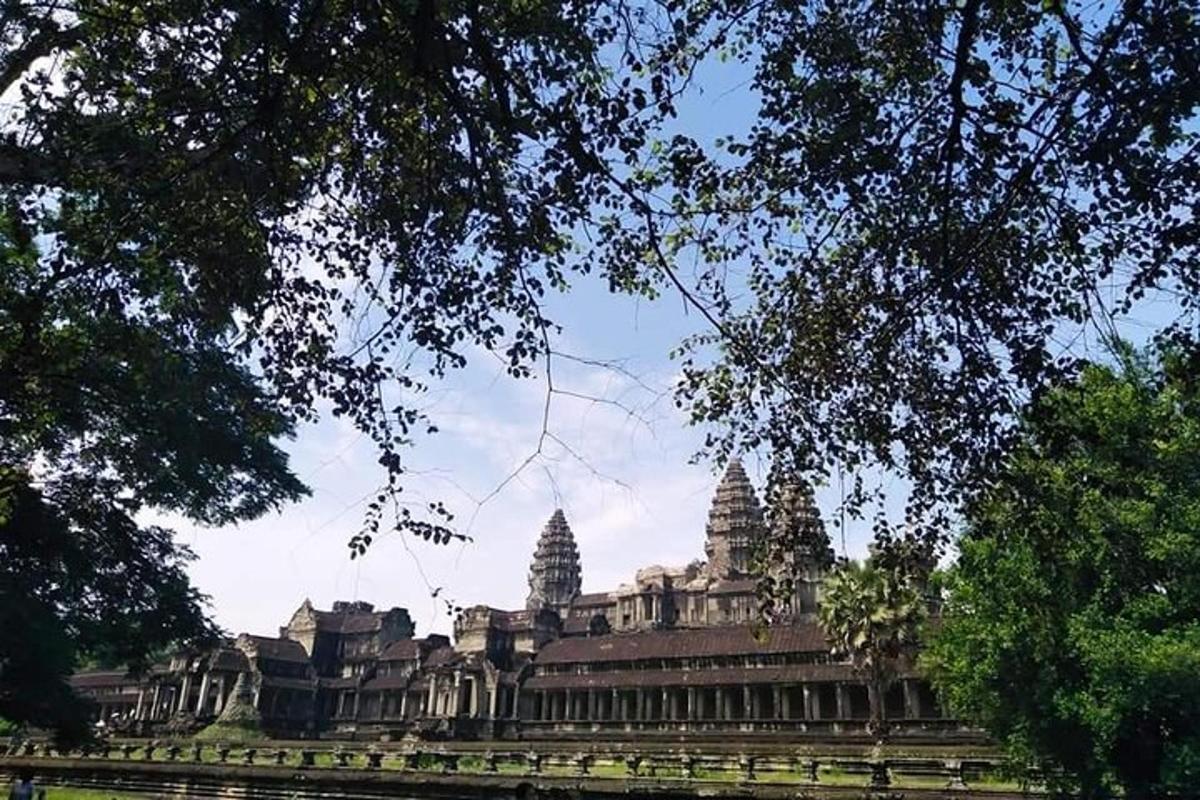 sebuah bangunan dengan menara di latar belakang dengan pepohonan