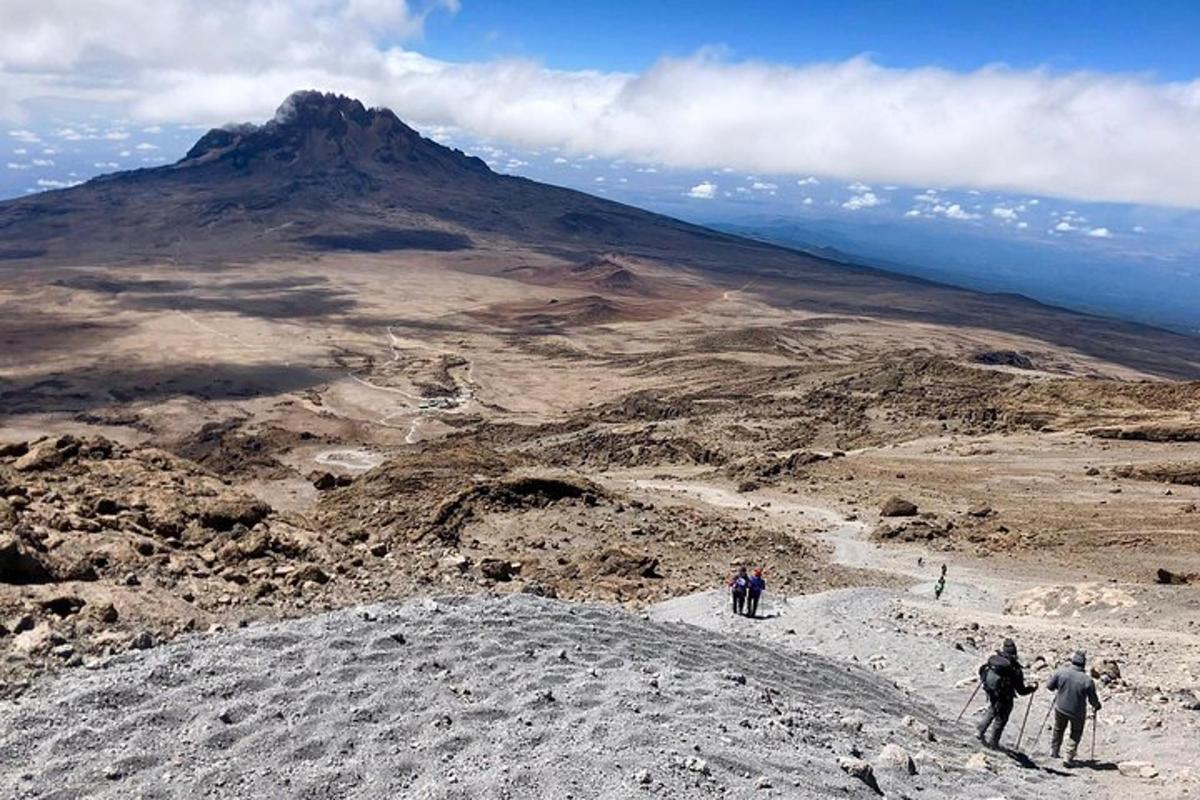 a group of people walking on a mountain