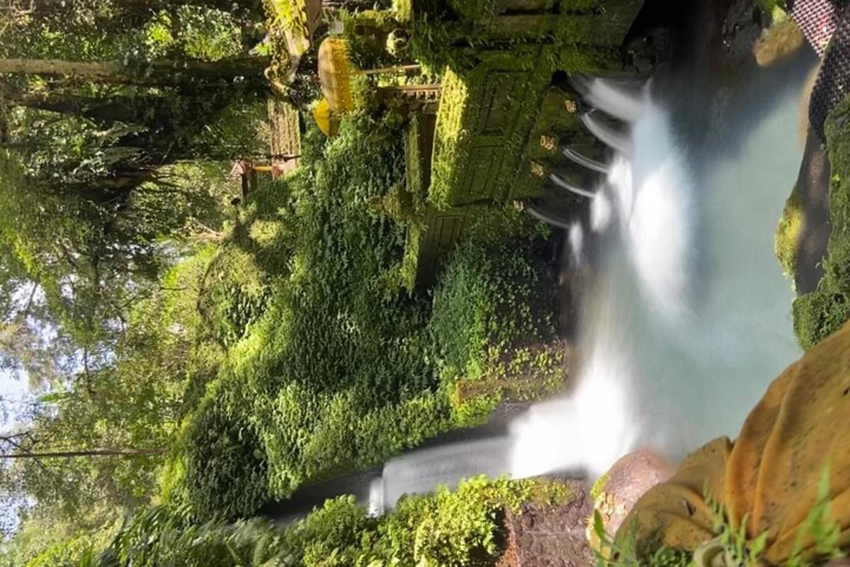 una cascata su una collina con un treno al suo interno