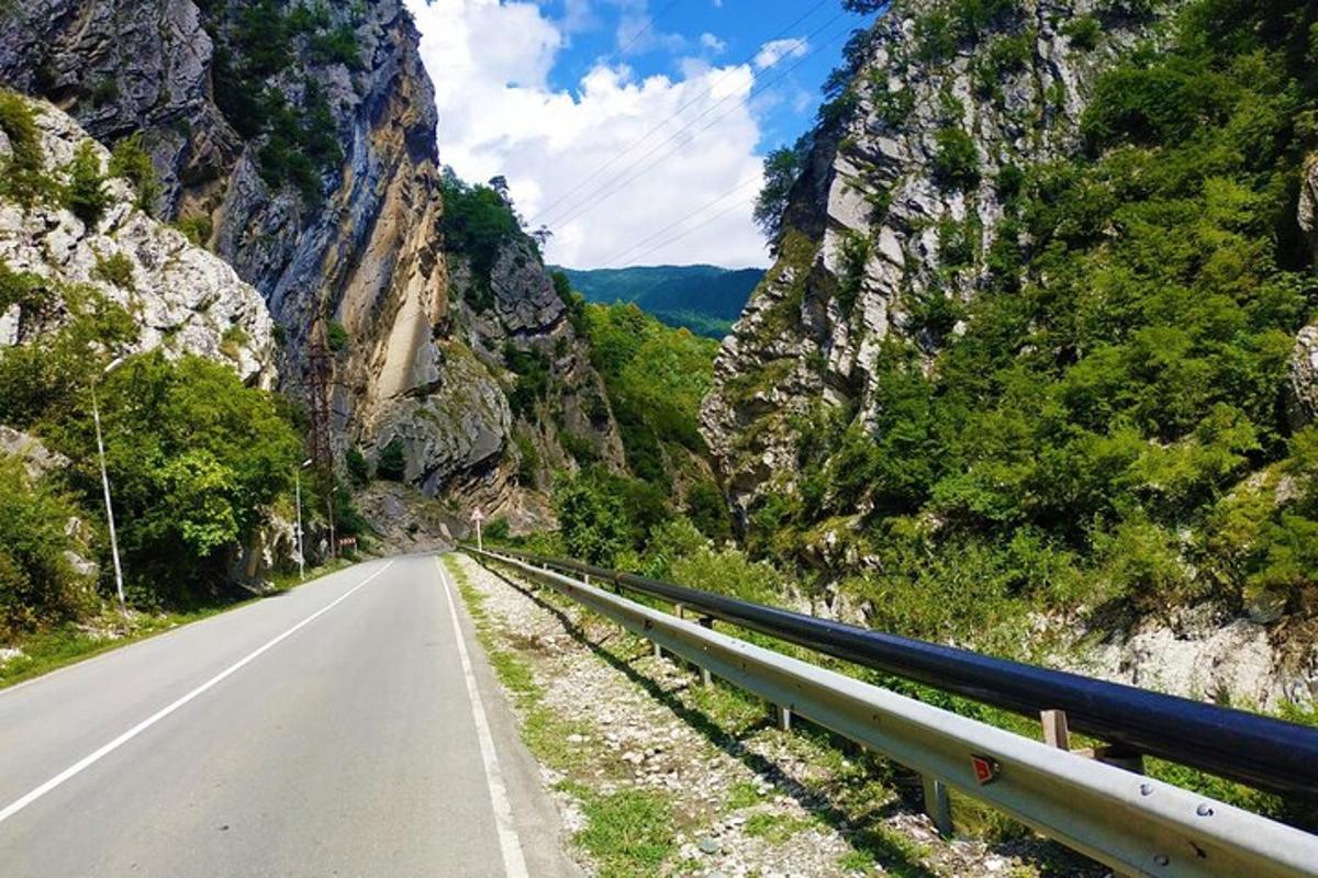 eine leere Straße in einer Schlucht mit einem Berg