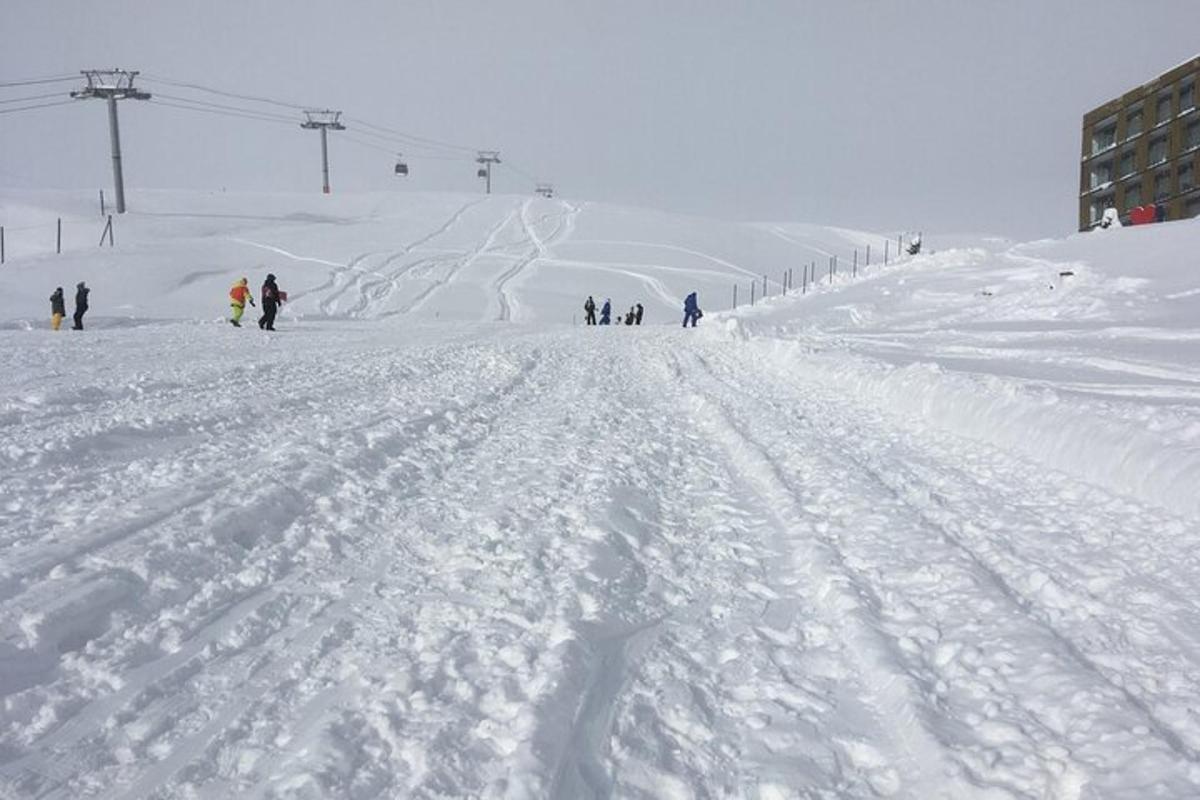 一群人从白雪覆盖的山坡上滑雪下来