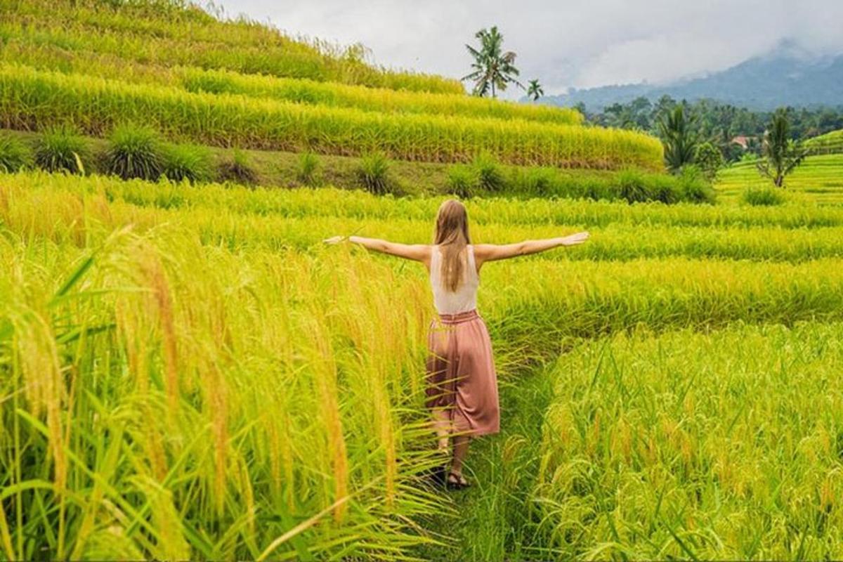 uma mulher caminhando por um campo com os braços estendidos