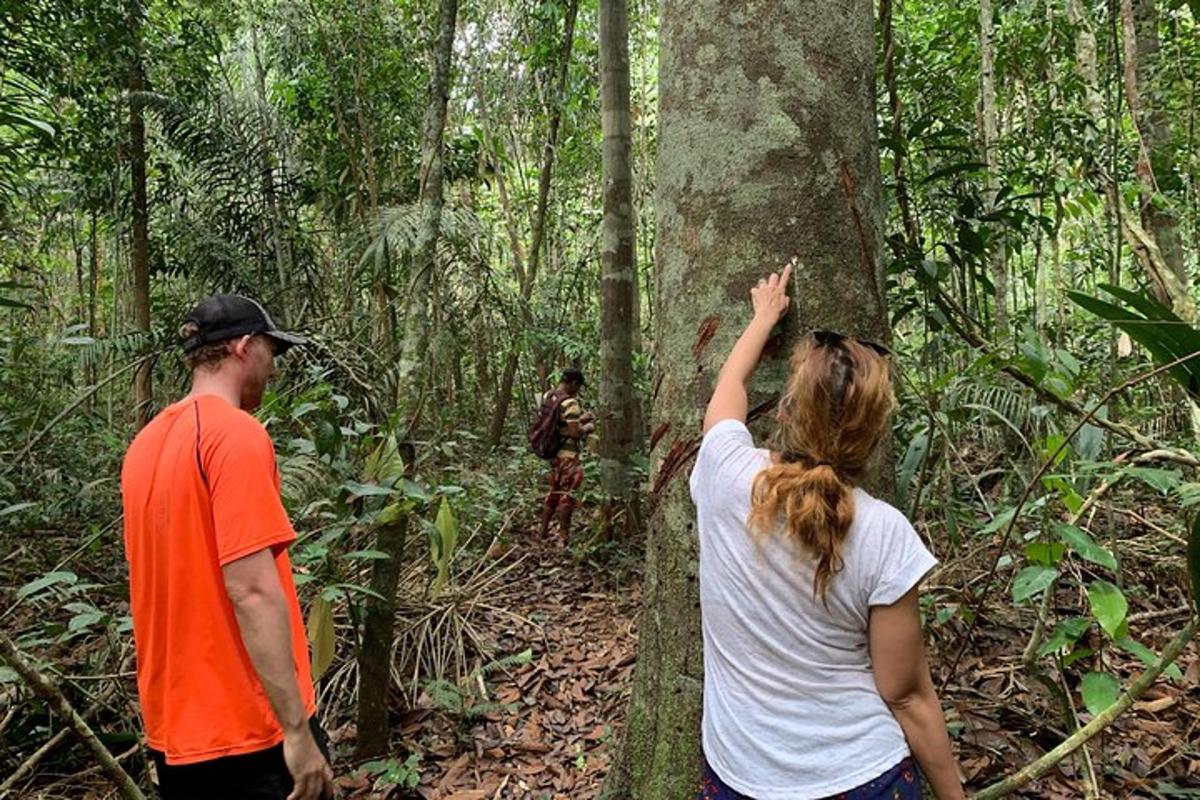 a man and a woman standing in the forest