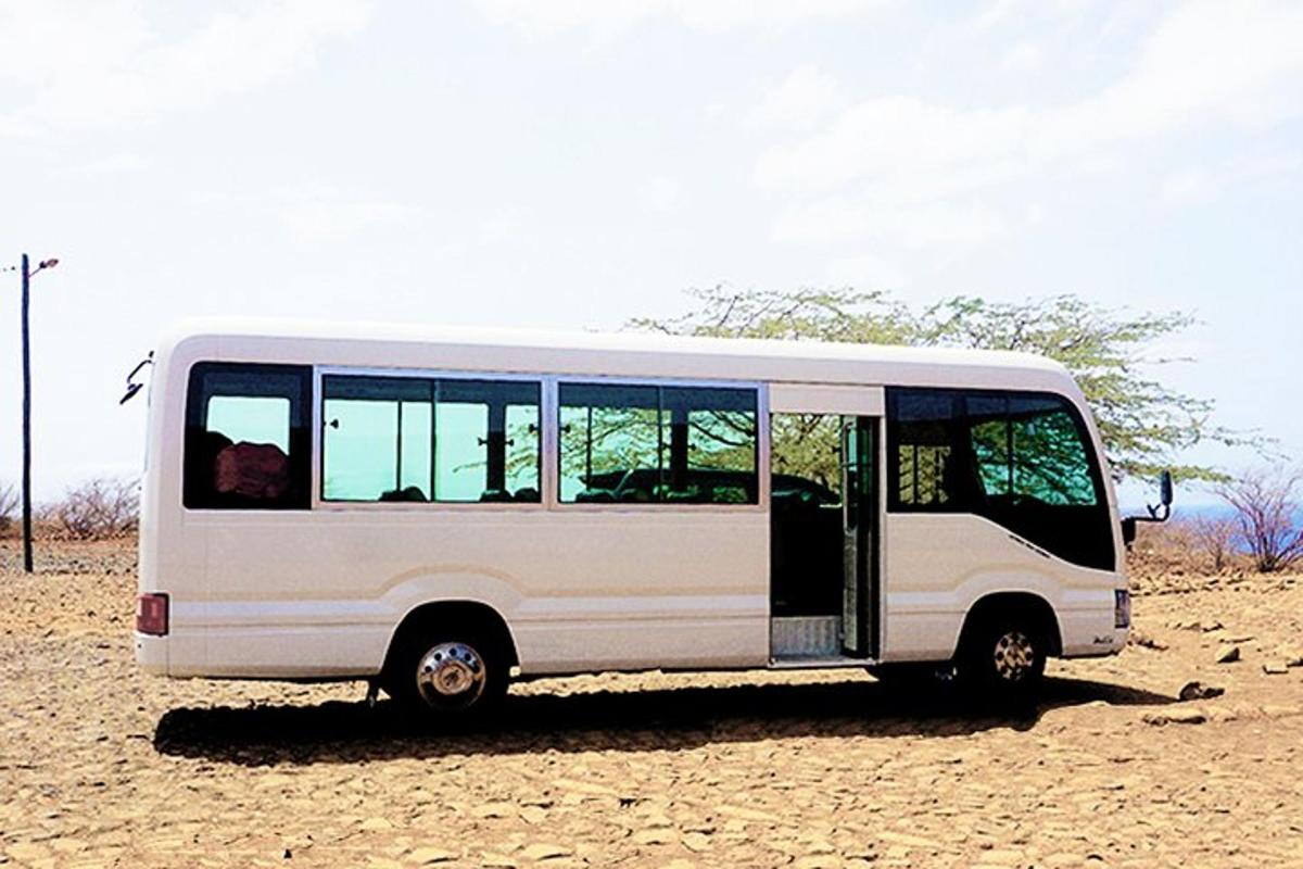 a white van parked in a dirt field