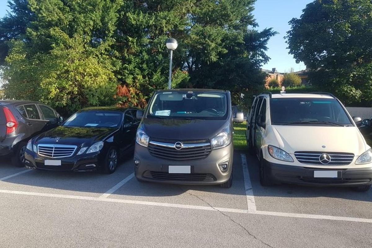 en gruppe på tre biler parkeret på en parkeringsplads