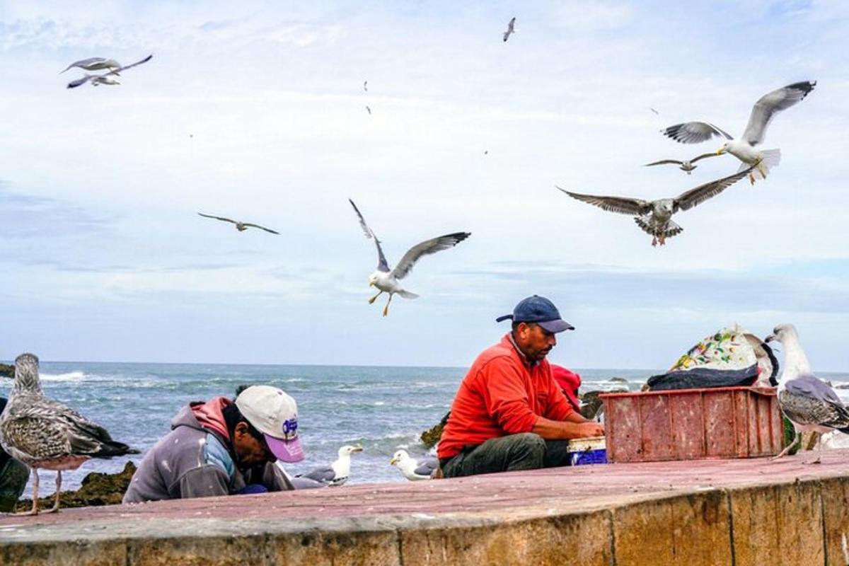 two men sitting on a pier feeding birds