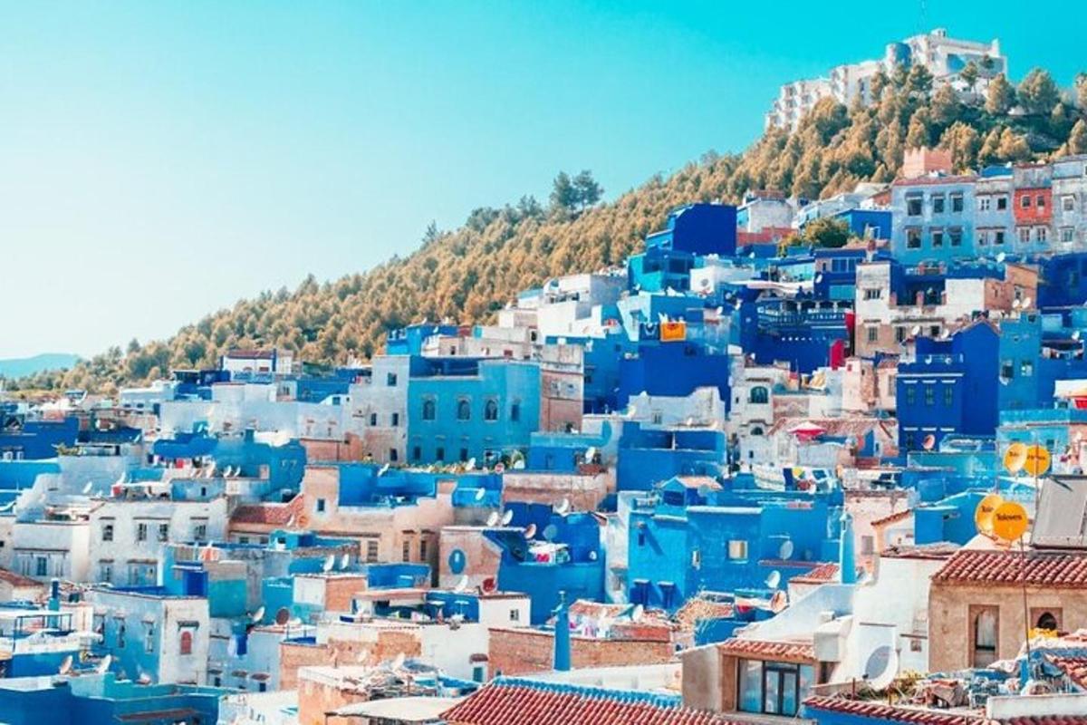 una vista de una ciudad con edificios azules