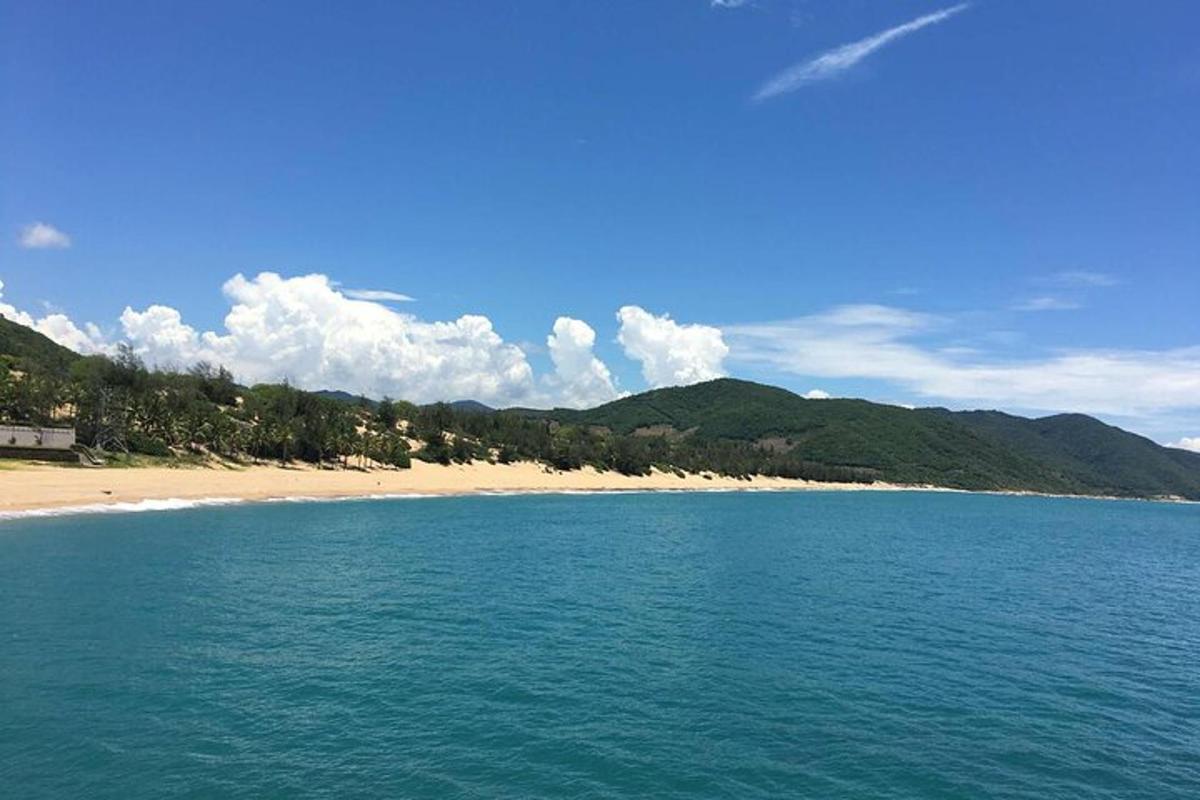a body of water with a beach and mountains