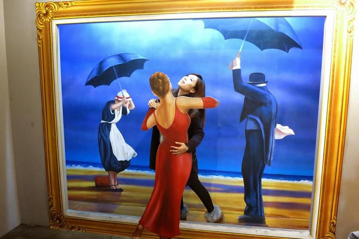 a painting of a woman and a man holding umbrellas