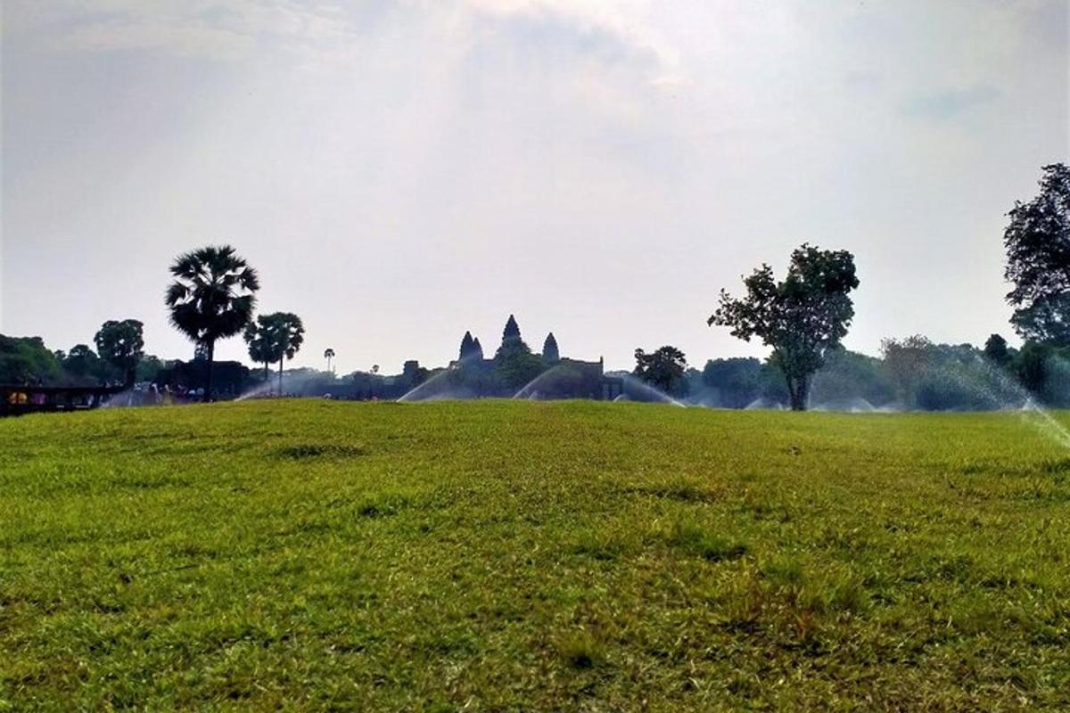 a green field with trees and temples in the background