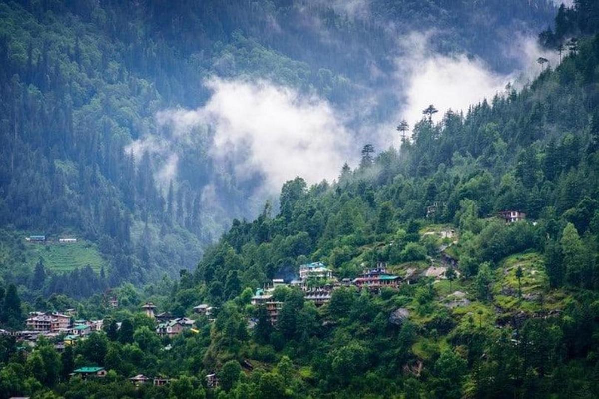a village on a mountain with trees and houses
