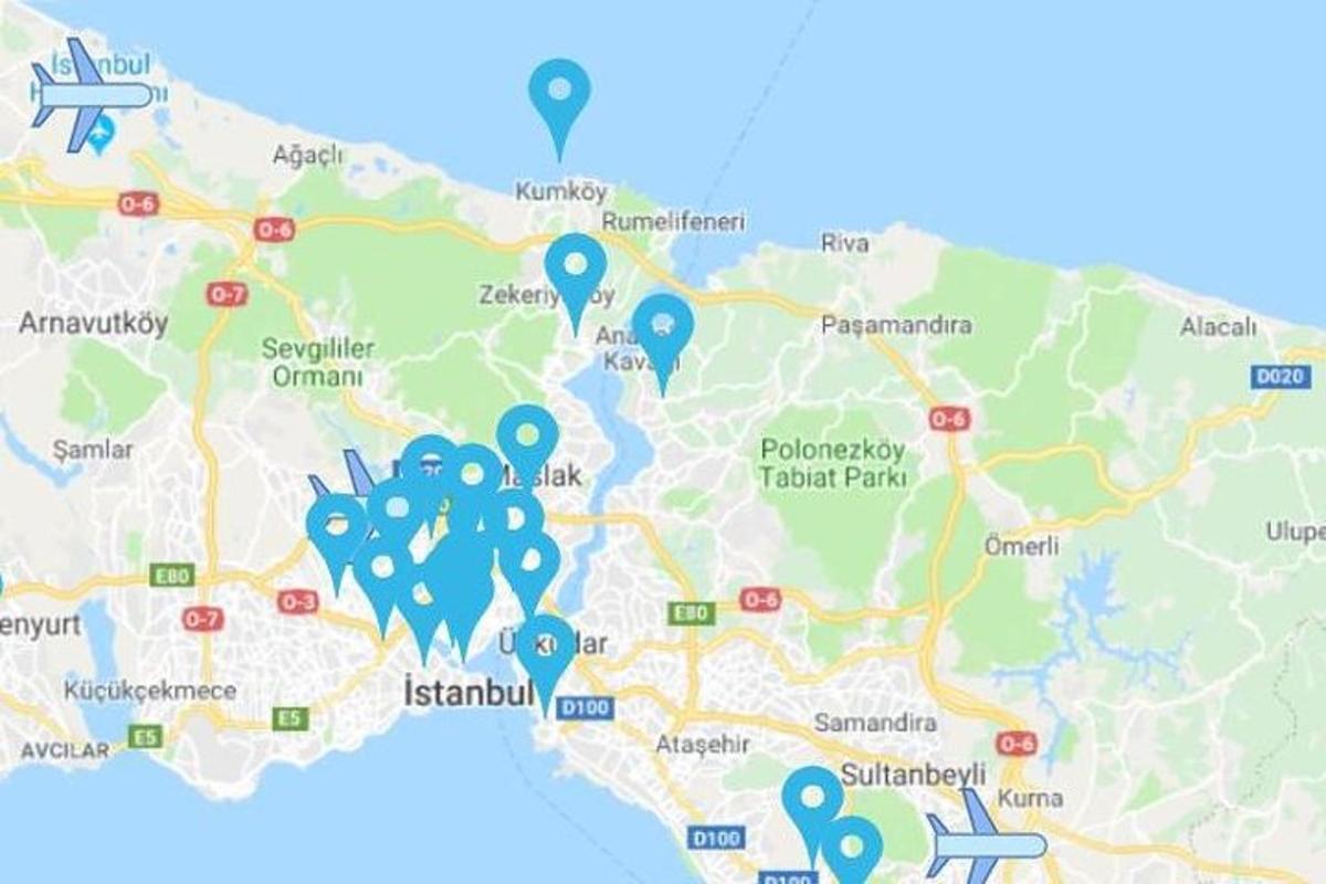 a map of a park with blue circles on it