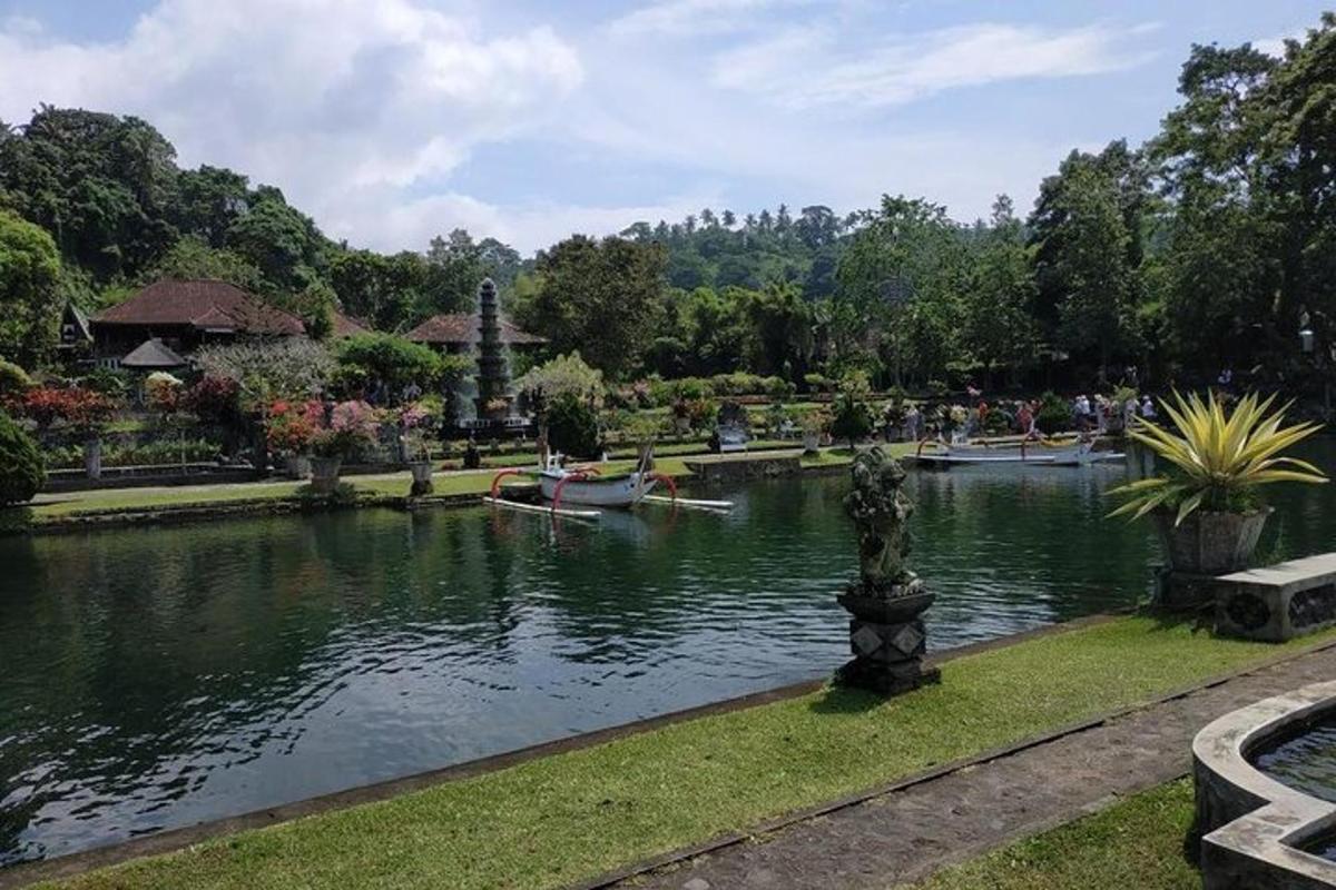 um lago em um parque com barcos nele
