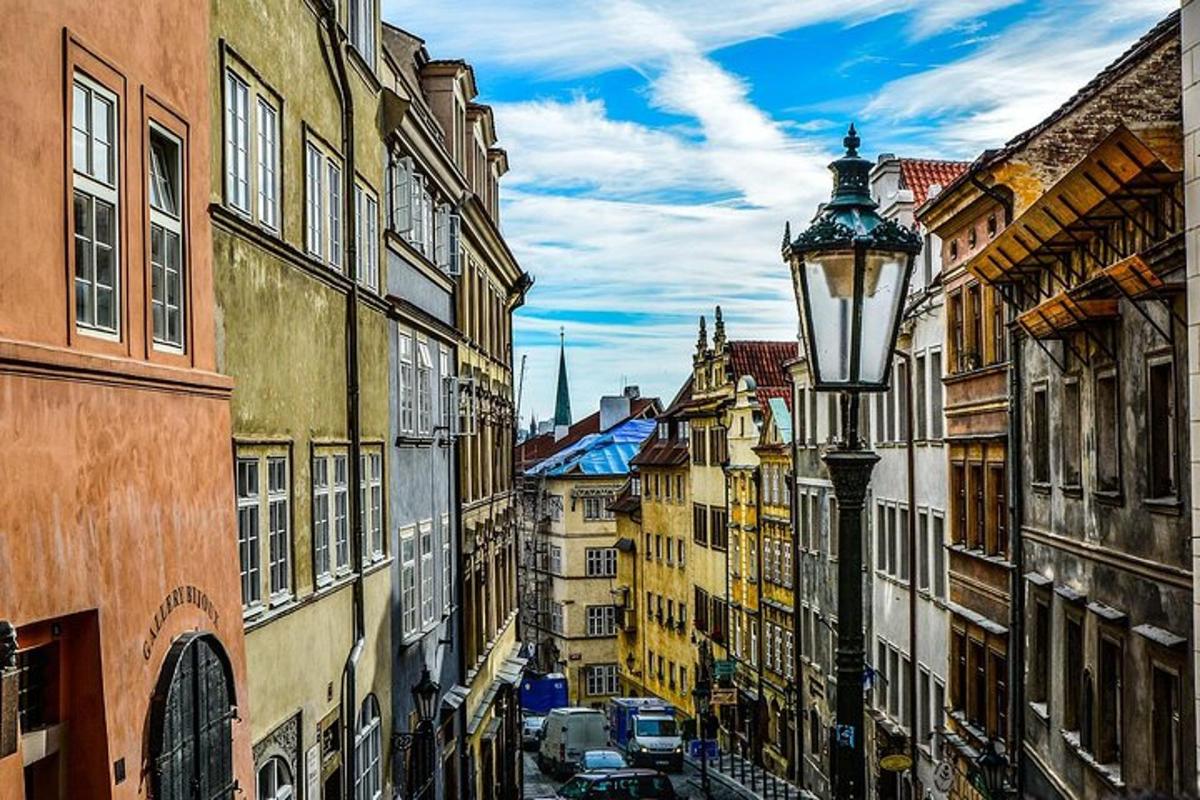 a city street with buildings and a street light