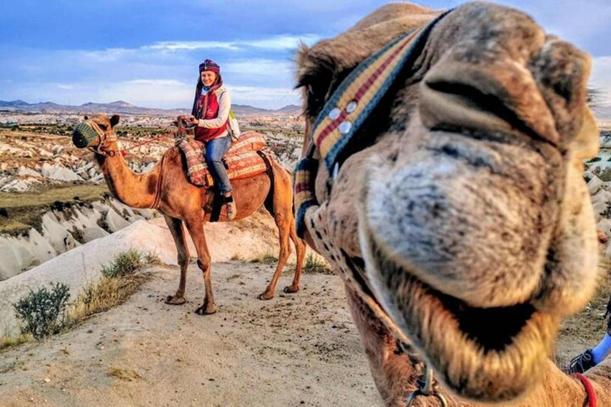 a woman riding on a camel in the desert