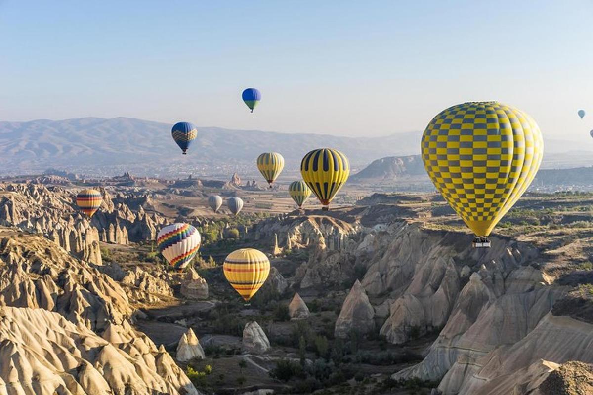 un gruppo di mongolfiere che sorvolano il deserto