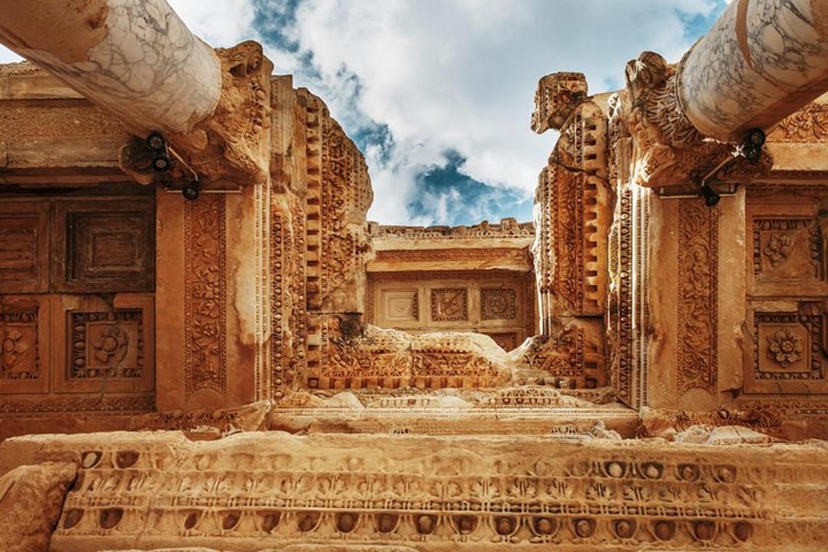 a view of a stone building with intricate detailing