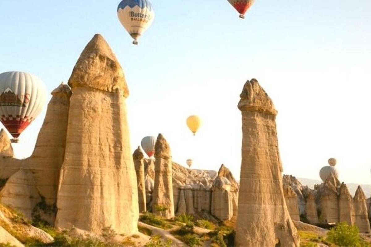 Un grupo de globos aerostáticos volando sobre un desierto