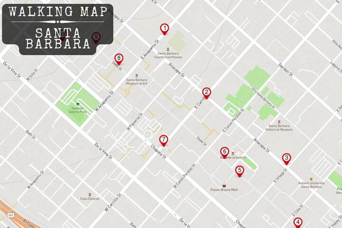 ένας χάρτης της Σάντα Μπάρμπαρα με τοποθεσίες σε αυτόν