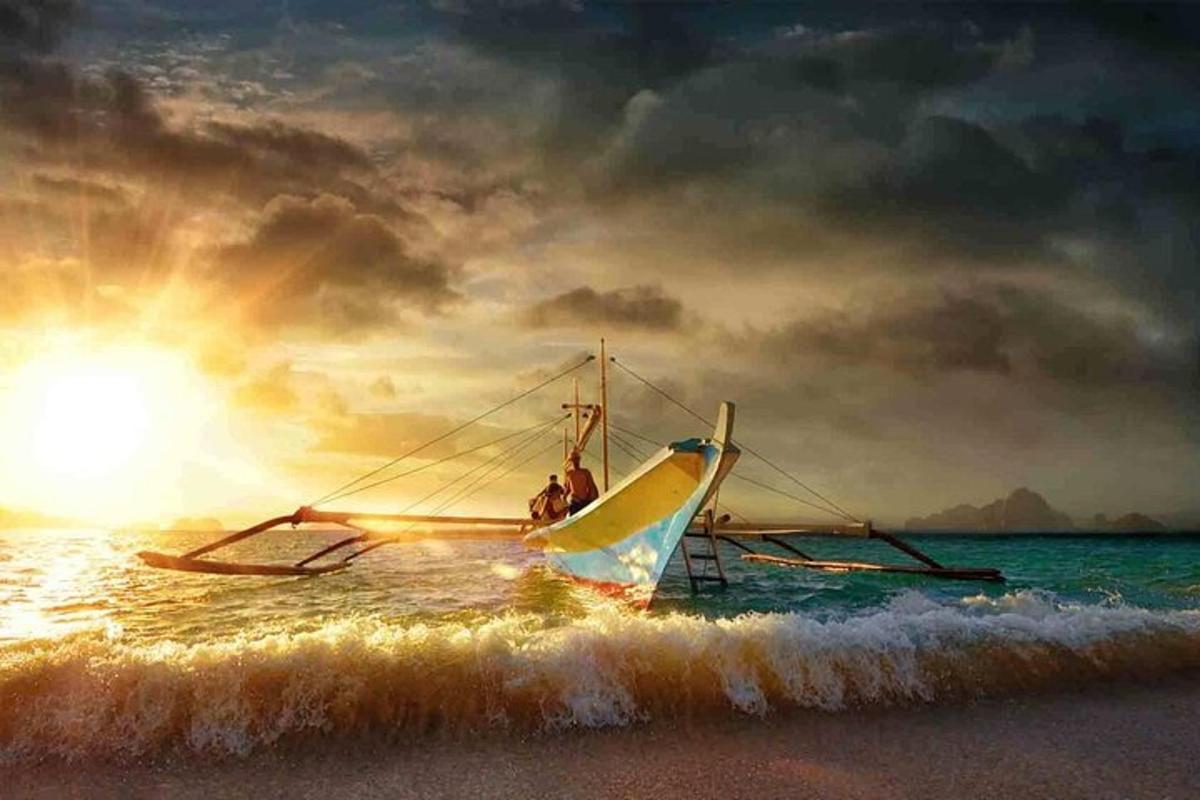 a painting of a boat in the ocean