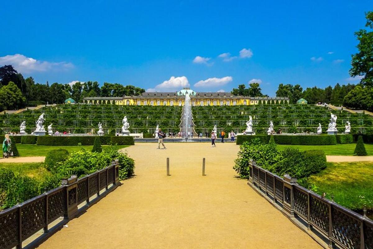 una vista di un grande giardino con una fontana