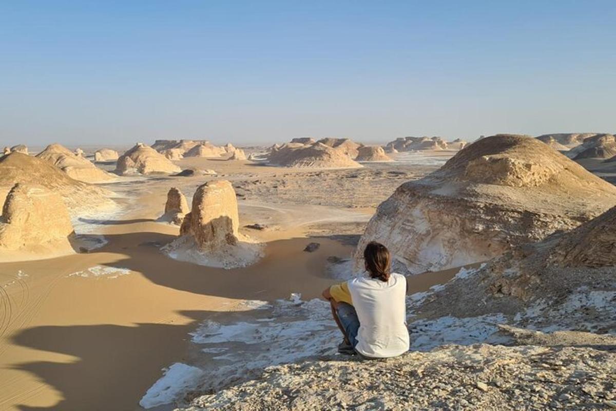 a man sitting on a rock looking at the desert