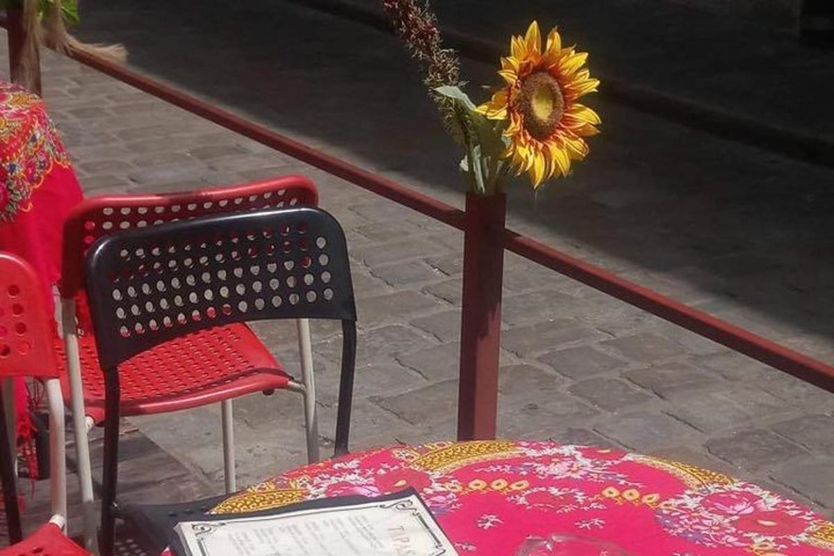 Dos sillas y una mesa y un jarrón con un girasol.