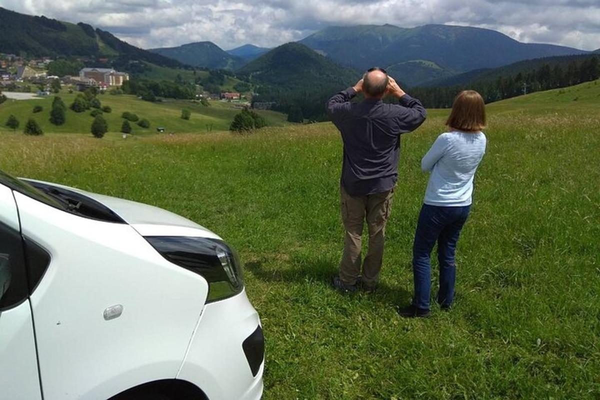 moški in ženska stojita na polju blizu avtomobila
