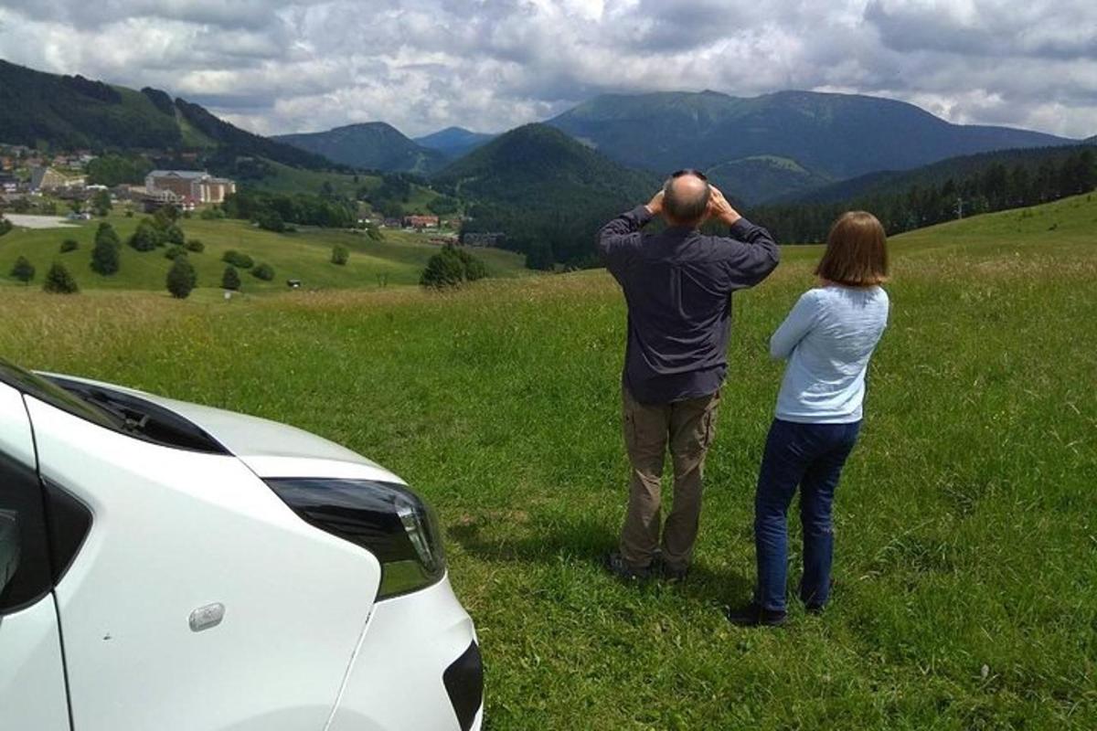 a man and a woman standing in a field near a car