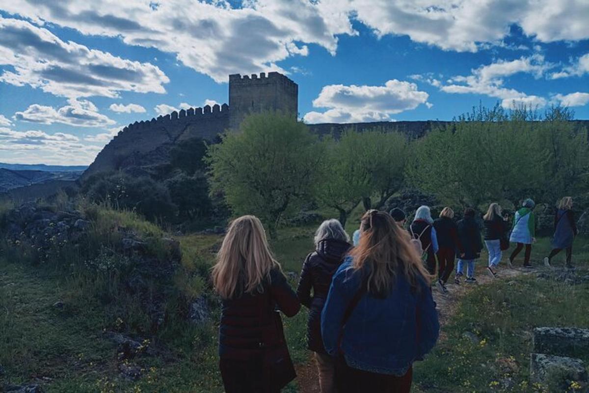 Un grupo de personas subiendo una colina con un castillo.