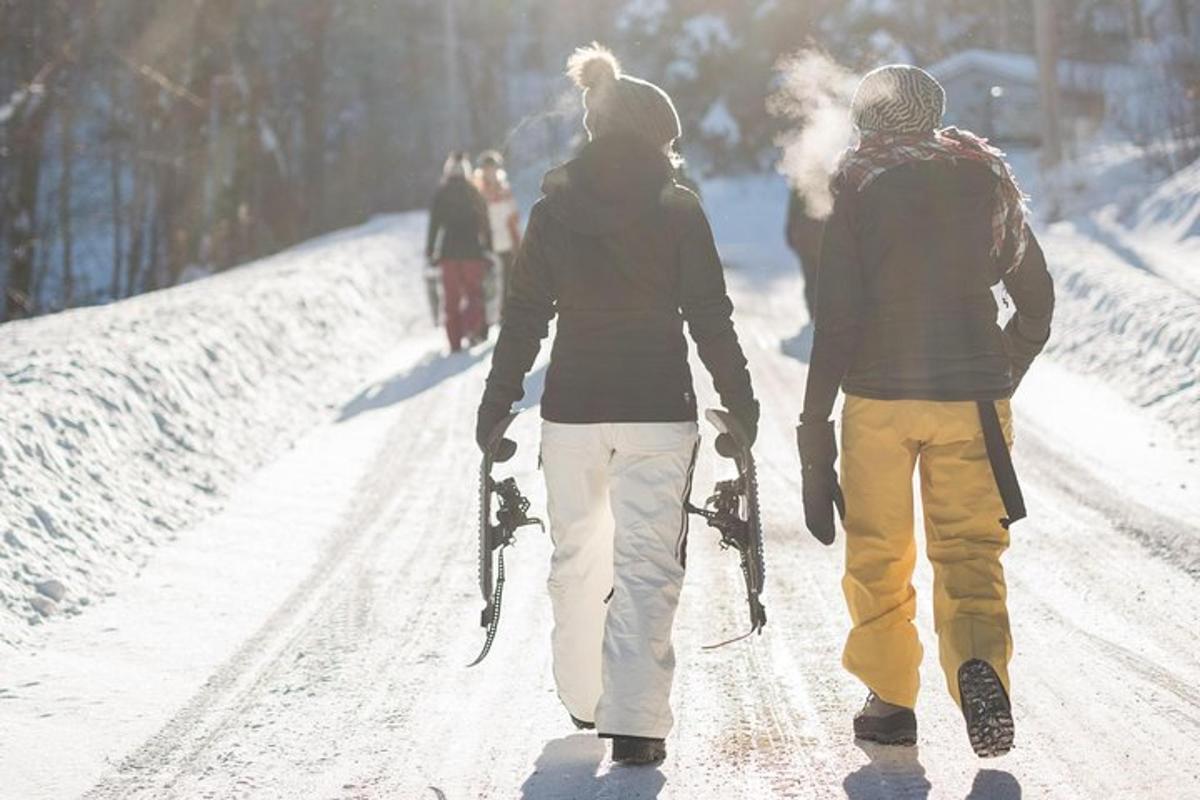 dva človeka hodita po zasneženi cesti s smučmi