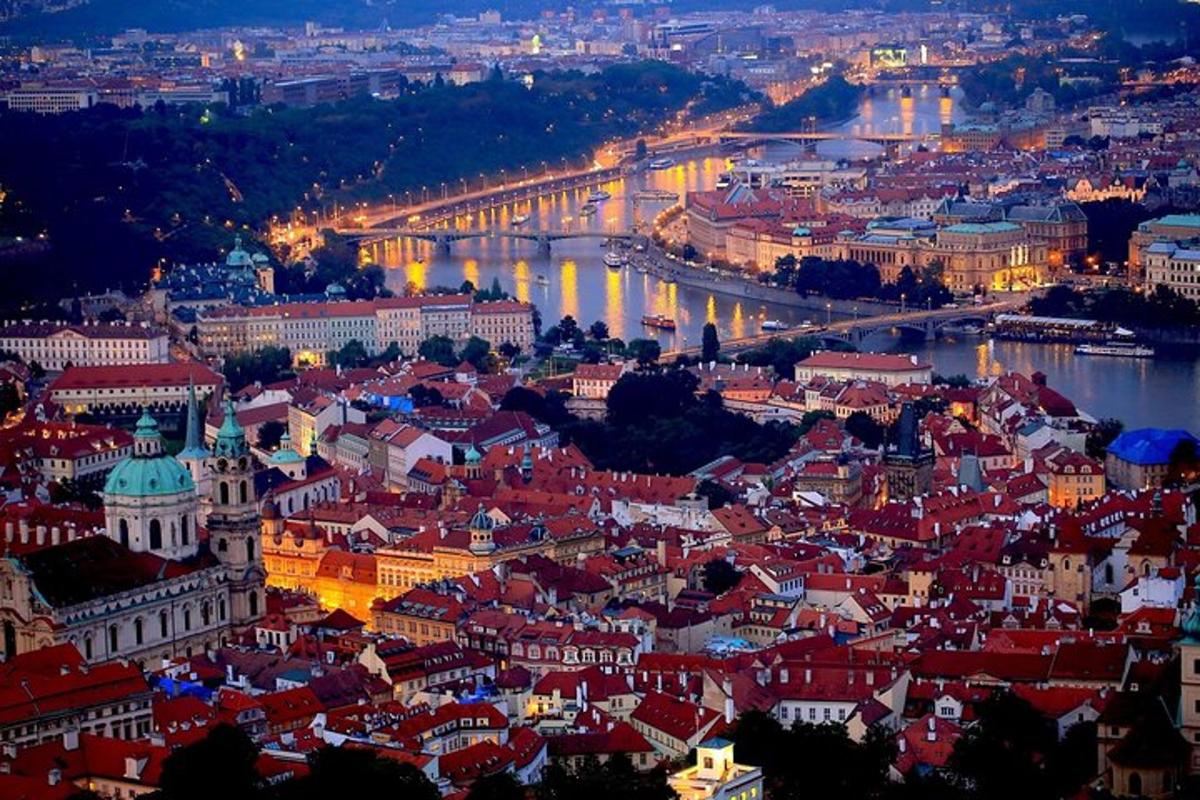 an aerial view of a city at night