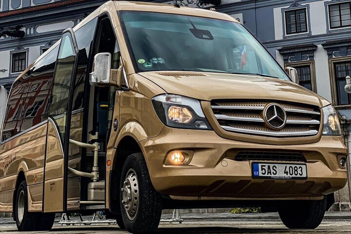 a brown bus is parked on a city street