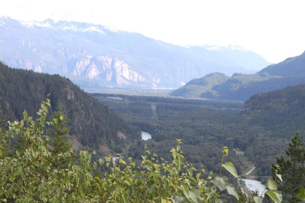 a view of a valley with mountains in the background