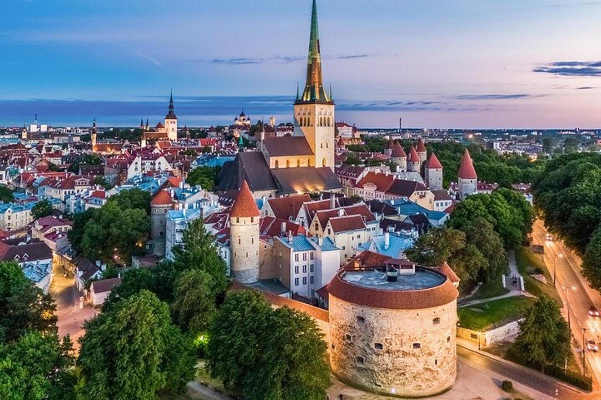una vista aerea di una città con un castello
