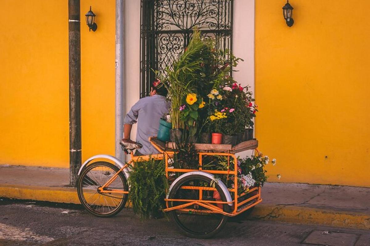 un uomo in bicicletta con un carretto di fiori