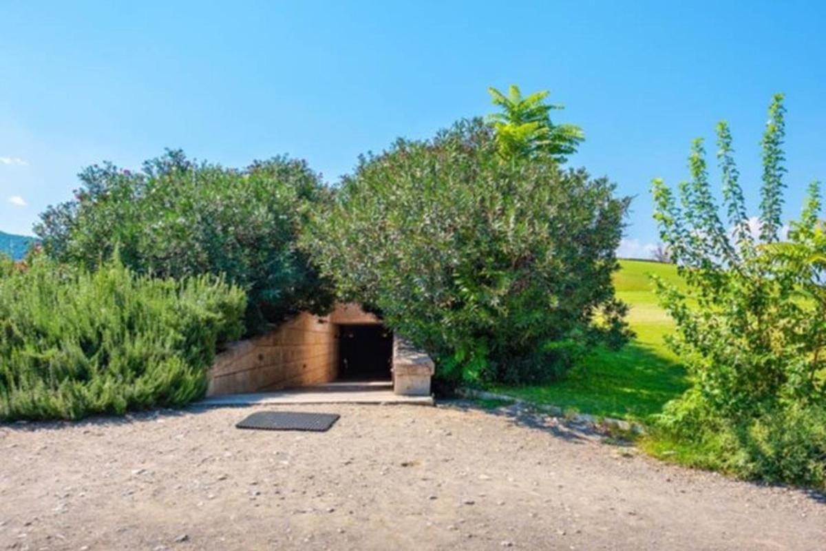 un edificio con un tunnel in un campo con alberi