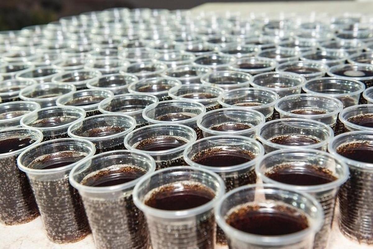 チョコレートが入ったプラスチックカップの列