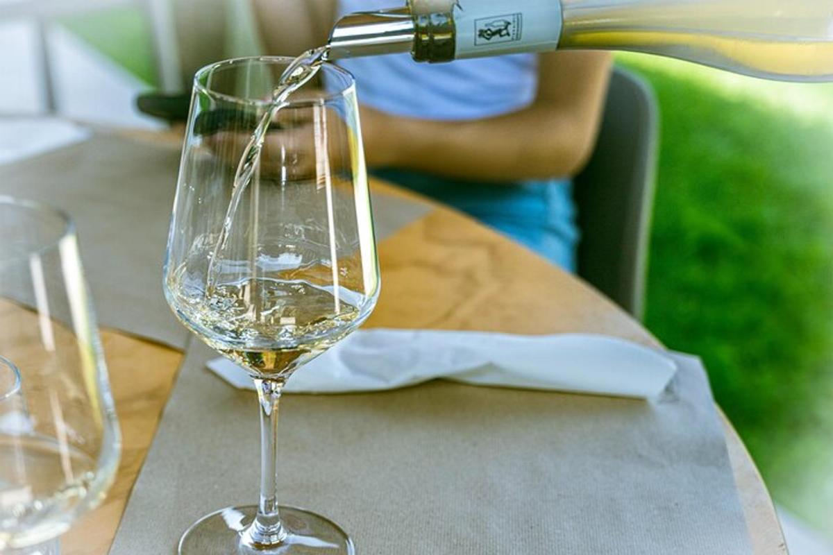 una persona che versa vino bianco in un bicchiere da vino
