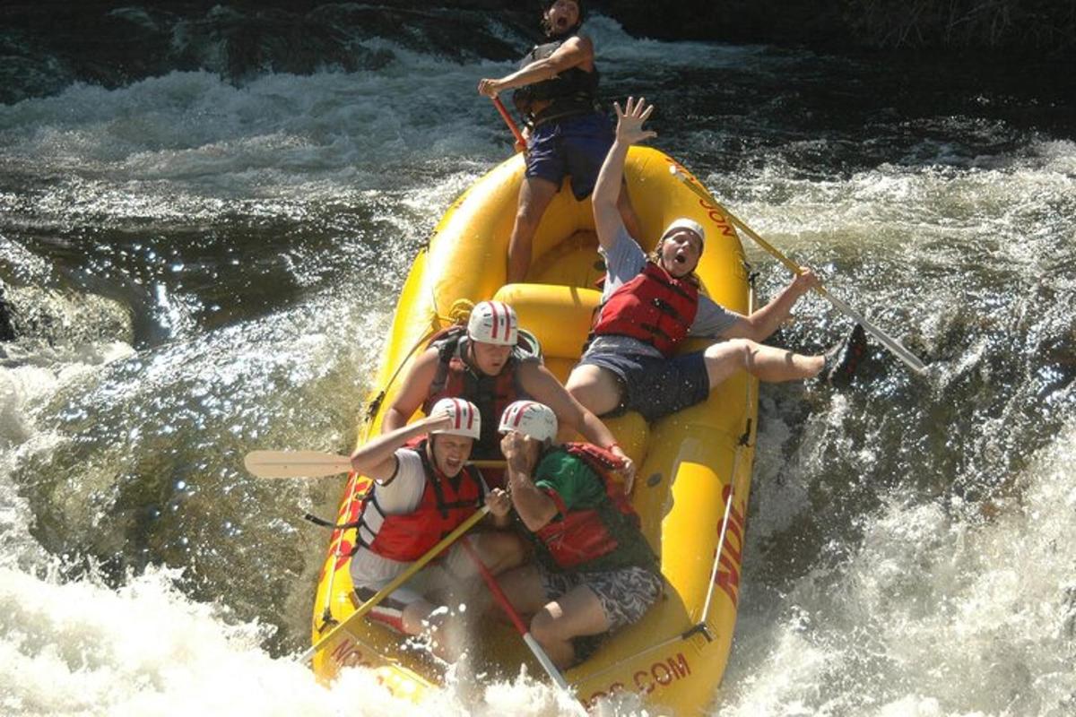 a group of people on a raft in a river