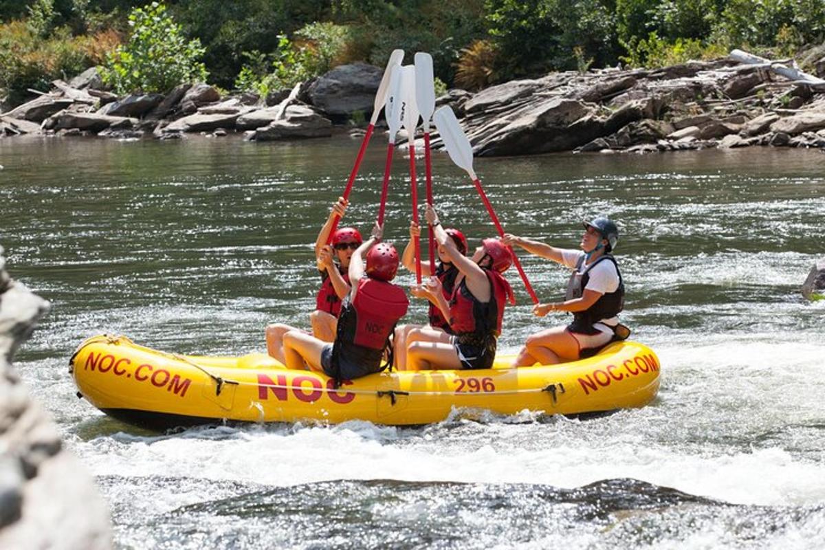 a group of people on a raft on a river