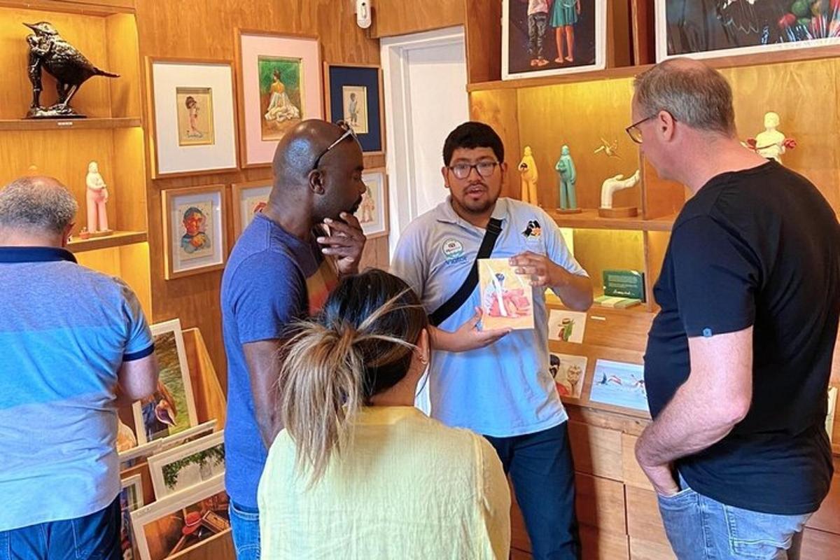 a group of people standing in a store talking