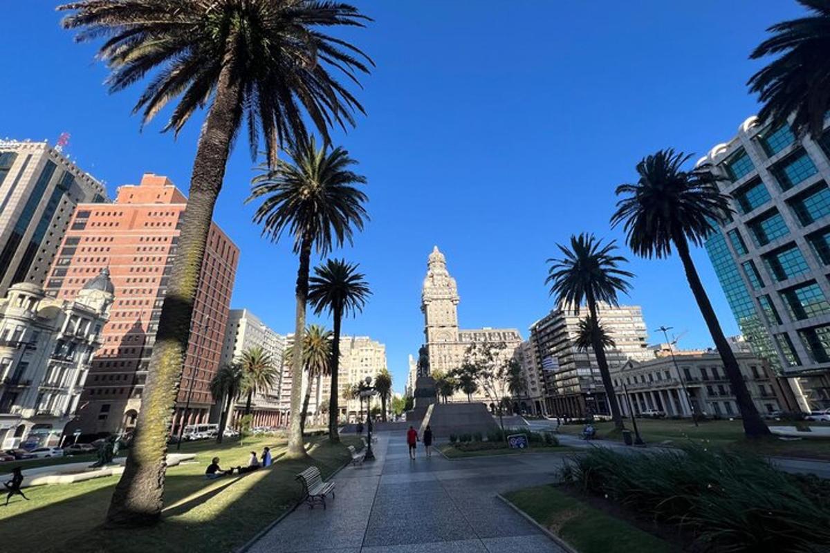 a city street with palm trees and a clock tower